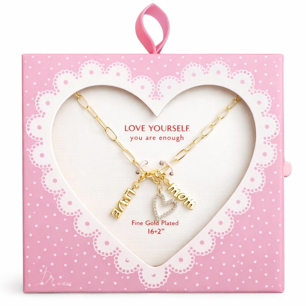 Gold-Plated 'Mom' & 'Love' Charm Necklace with Pave Heart - Pink